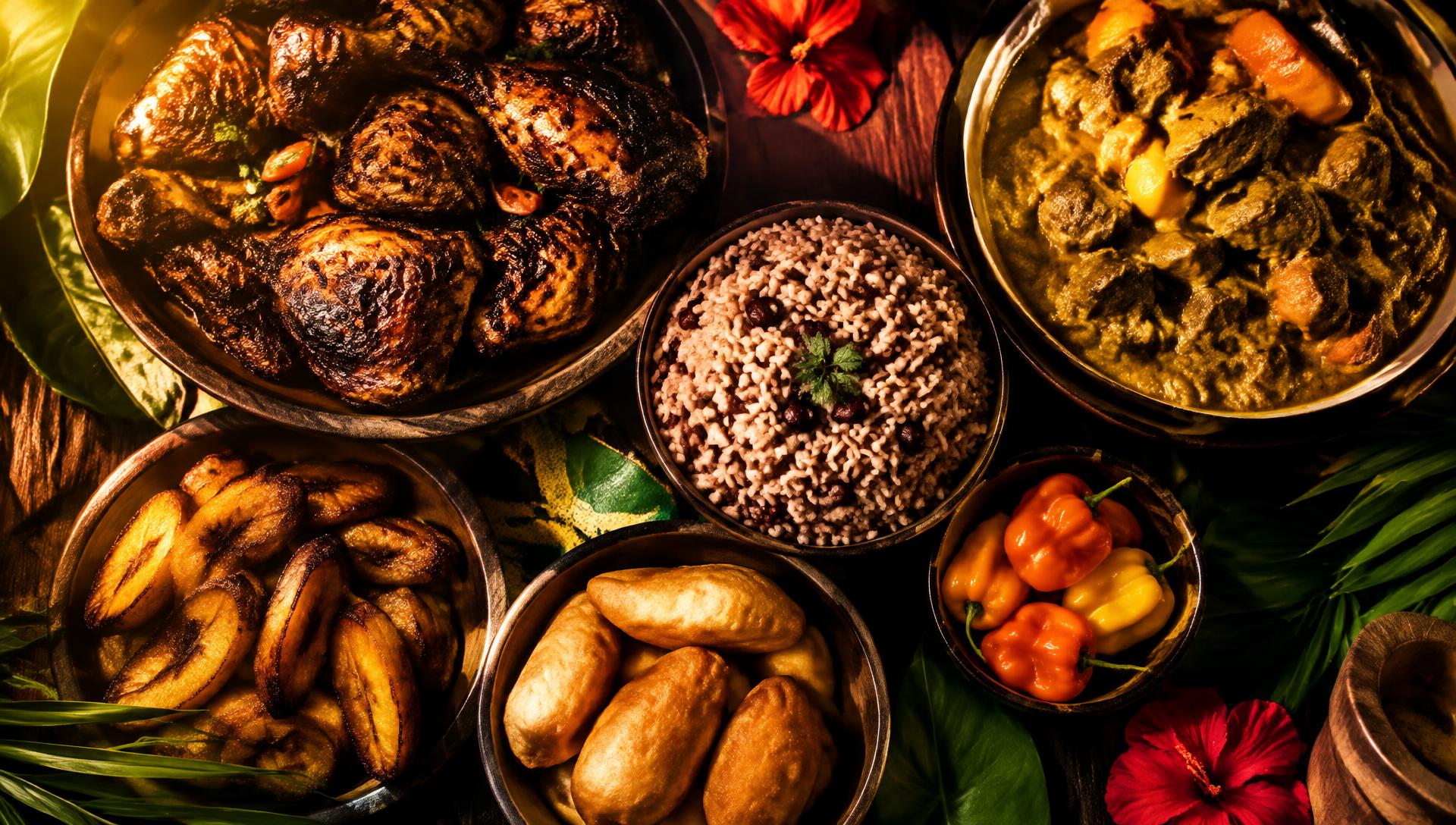 Jamaican feast of jerk chicken, curry goat, rice and peas and plantain
